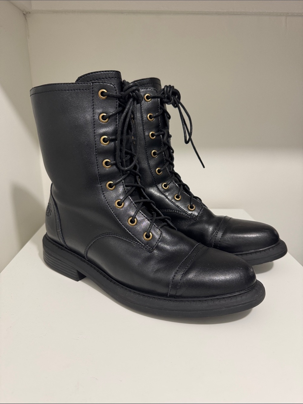 Women's Black Leather Lace-Up Combat Boots
